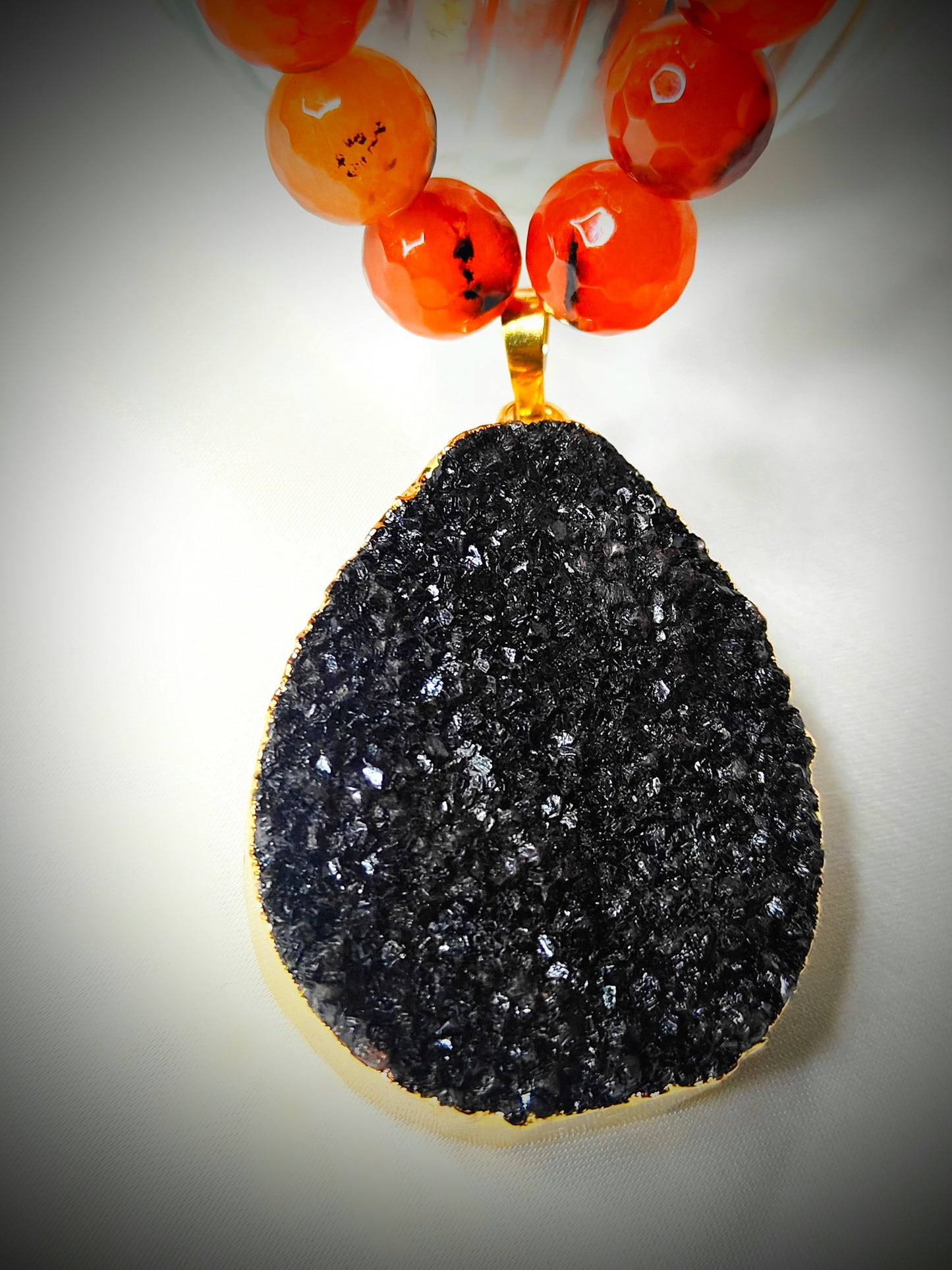 AGT010 Sunkissed orange and black agate necklace with black druzy pendant