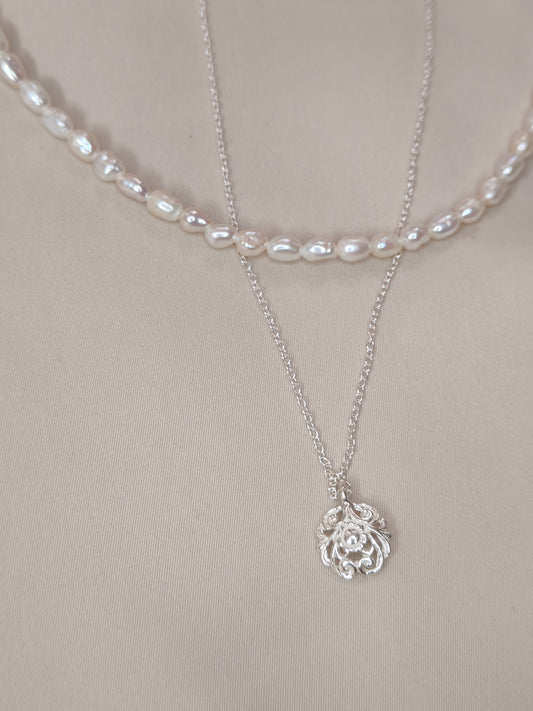 PFW020- Divine Duality - dual Layer peral and silver chain necklace