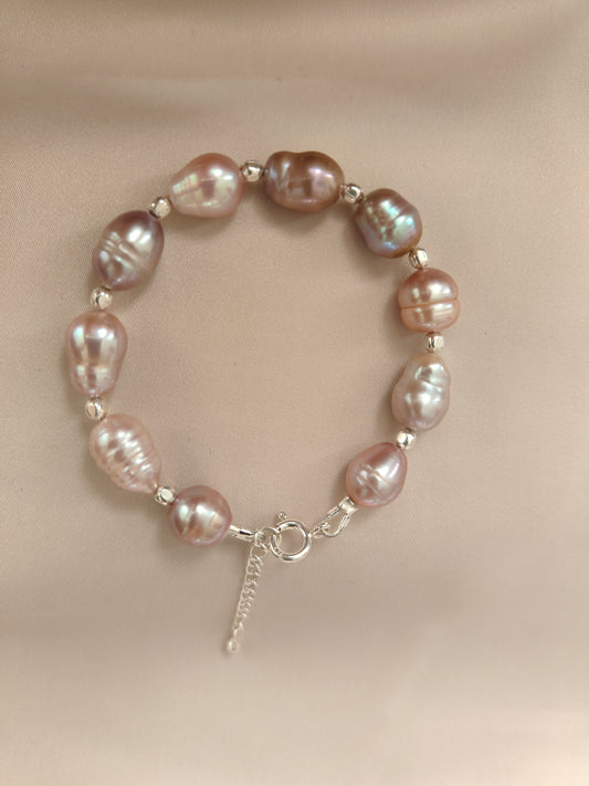 BRPFW003- Unique & Rare Natural lavender & peach toned pearl & sterling silver beads bracelet