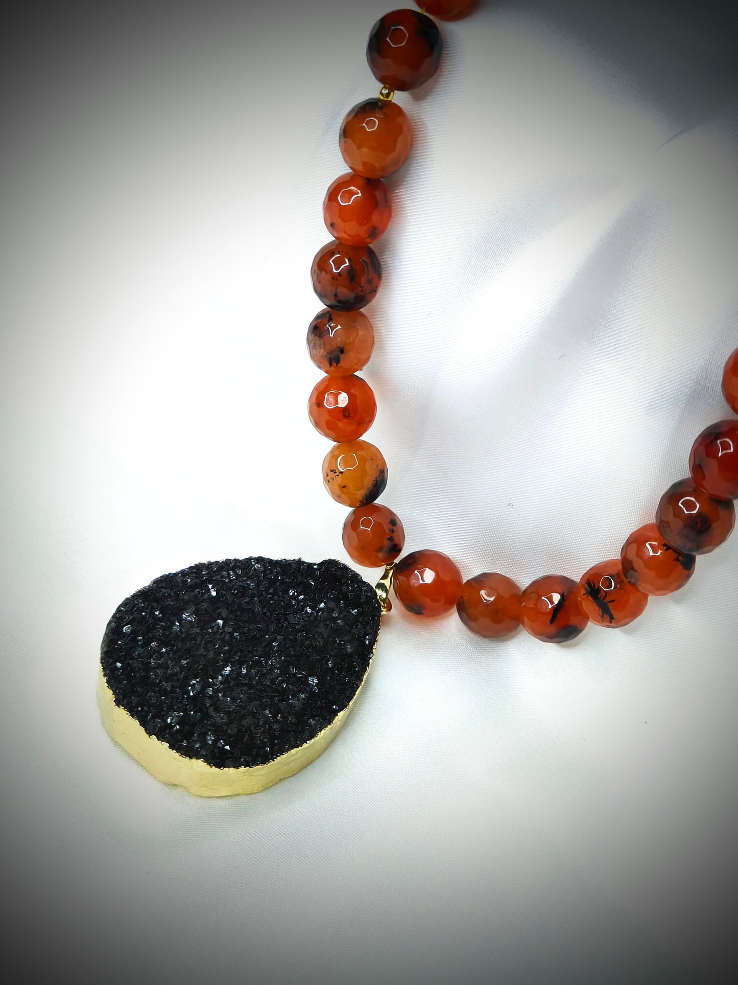 AGT010 Sunkissed orange and black agate necklace with black druzy pendant