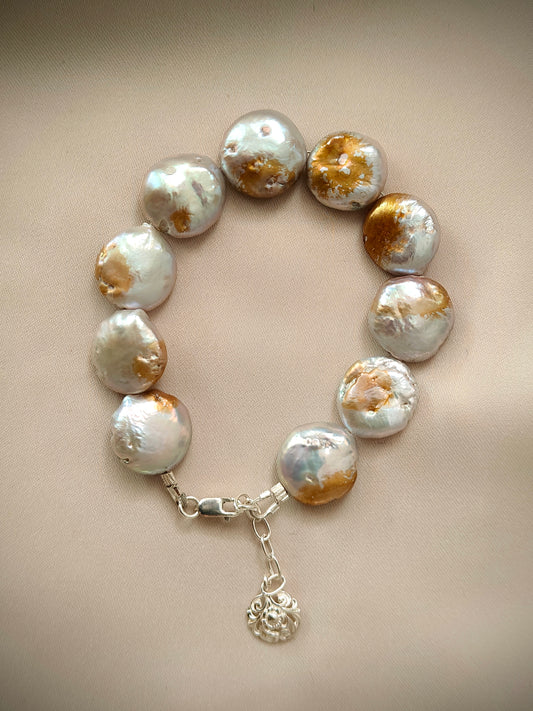 BRPFW006 Golden Moonlight bracelet - Unique Coin shaped baroque pearl with silver, white and Golden luster bracelet in sterling silver