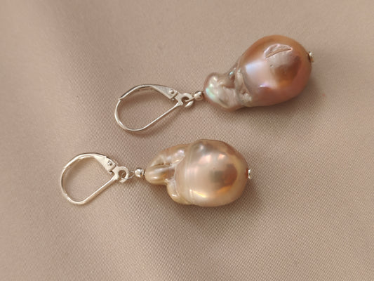 ERPFW014 Unique Pink and prach toned baroque pearl Earrings in sterling silver