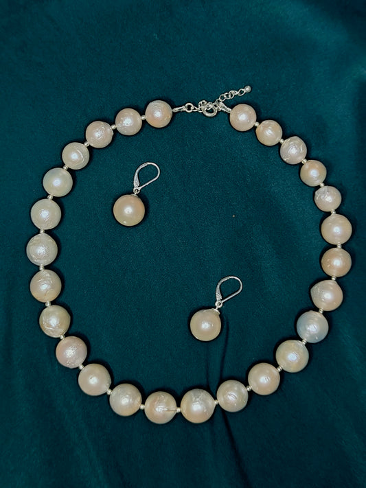 PFW025- Classic round pearl necklace with sterling silver beads