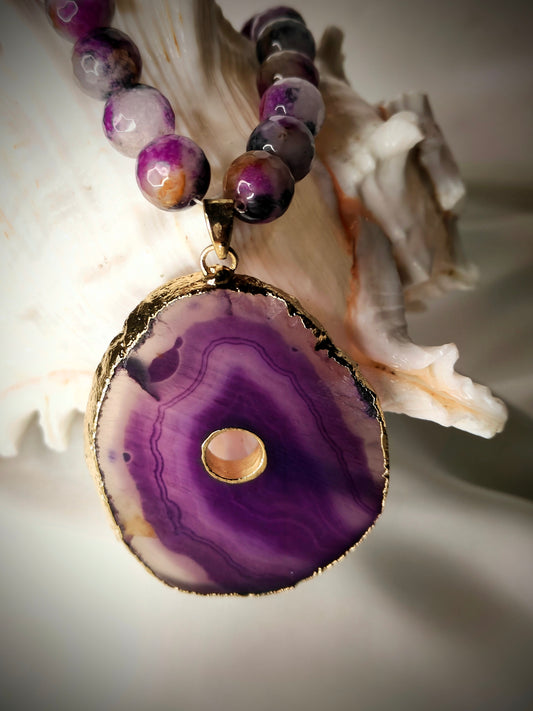 AGT006 Royal purple black agate necklace with agate drusy slice pendant