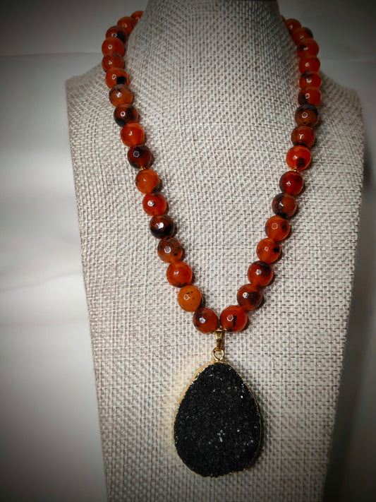 AGT010 Sunkissed orange and black agate necklace with black druzy pendant