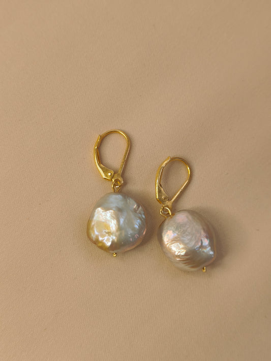 ERPFW015 Rare and Unique grey- Golden toned coin pearl Earrings with sterling silver golden hoop
