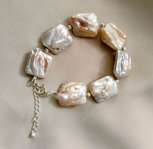 BRPFW004- unique square shaped baroque pearl with soft pink, peach  overtone bracelet in sterling silver