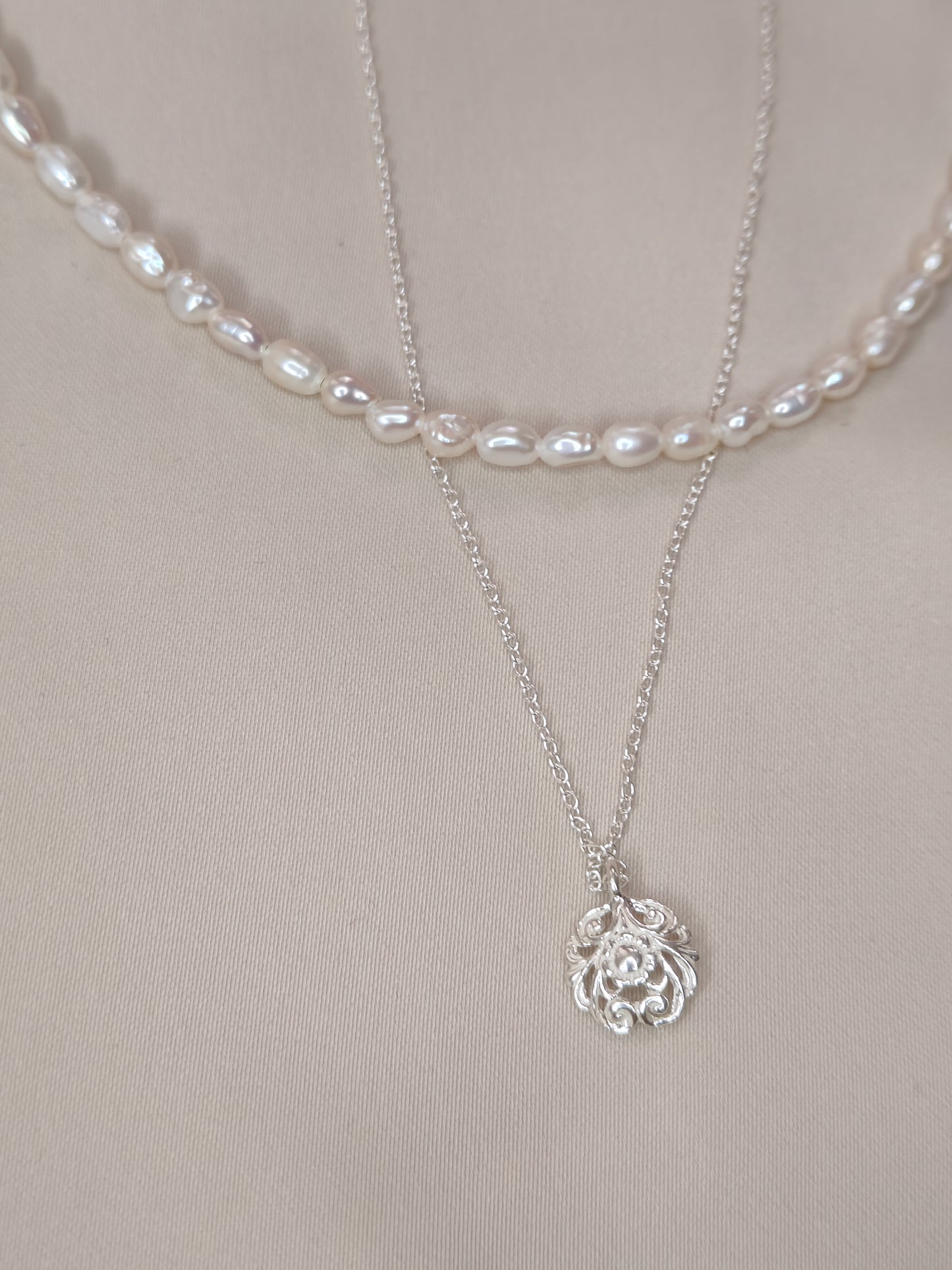 PFW020- Divine Duality - dual Layer peral and silver chain necklace