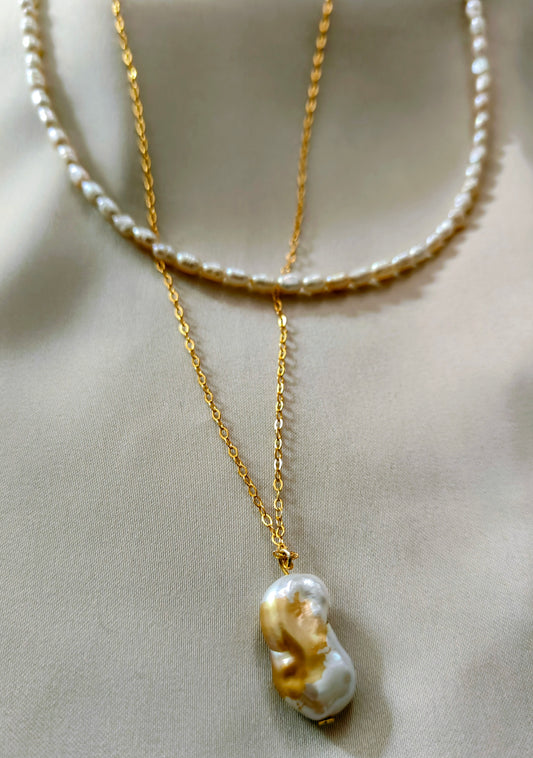 PFW021- Golden Dew- Dual Layer Necklace with pearl and  golden chain baroque pearl pendant in sterling silver