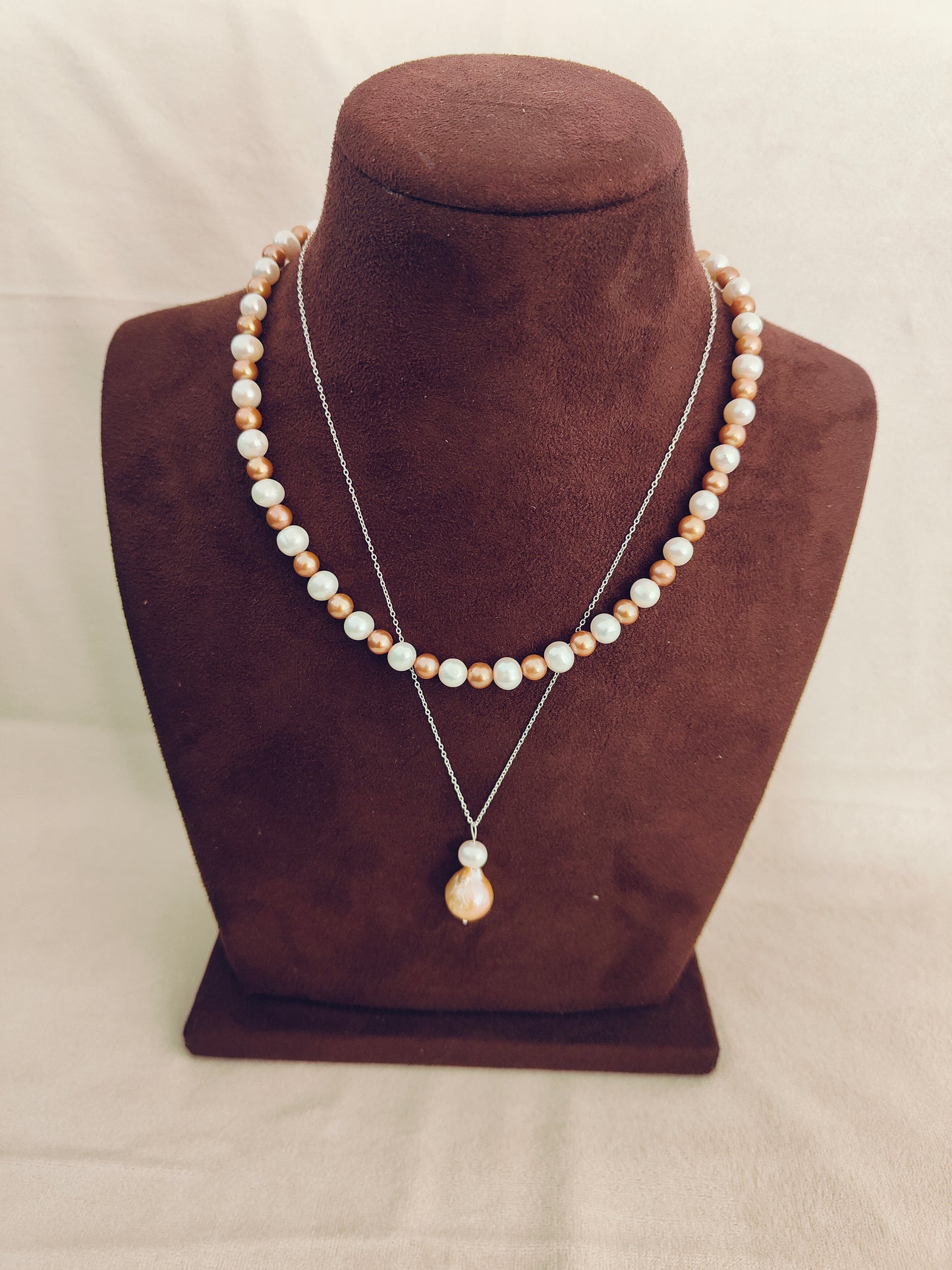 PFW0027-  Golden Era- Boho themed double strand Pearl  Necklace with sterling silver chain