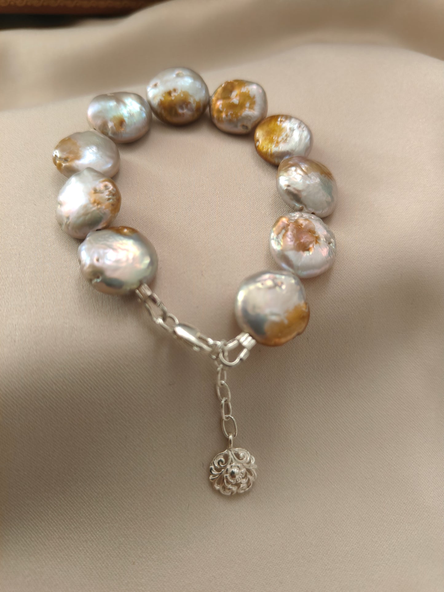 BRPFW006 Golden Moonlight bracelet - Unique Coin shaped baroque pearl with silver, white and Golden luster bracelet in sterling silver