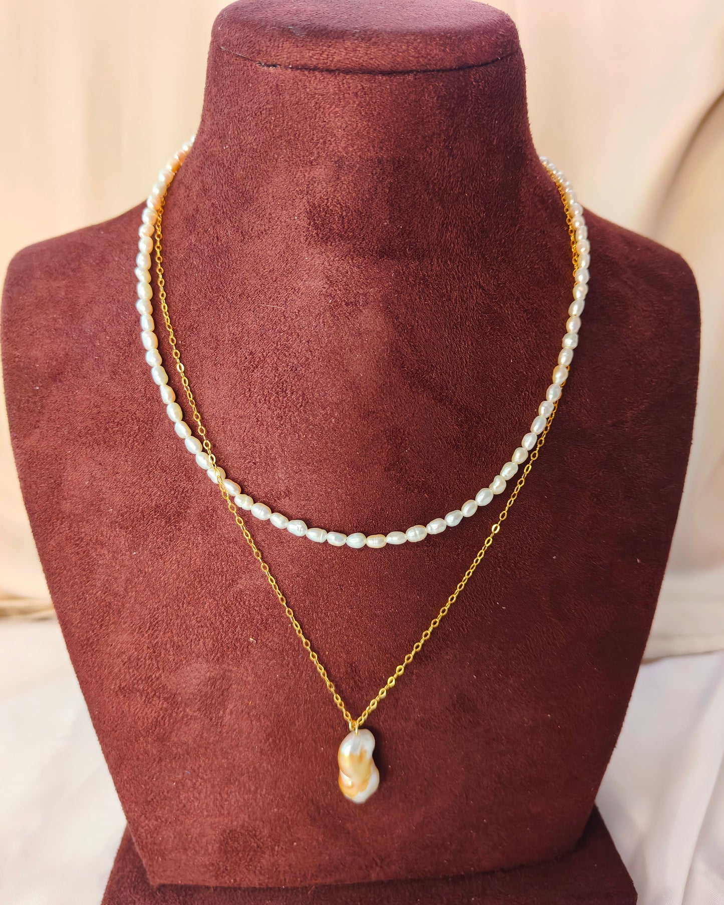 PFW021- Golden Dew- Dual Layer Necklace with pearl and  golden chain baroque pearl pendant in sterling silver