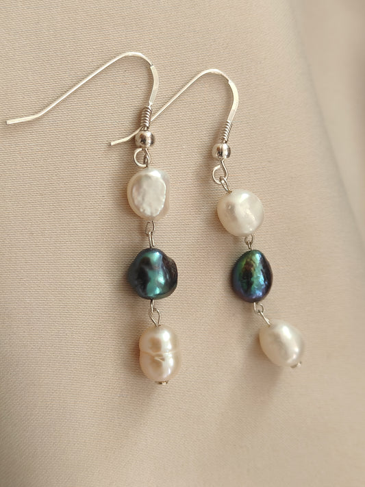 ERPFW016 Organic Luxe- white and dark peacock pearl dangle Earrings with sterling silver