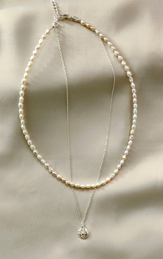 PFW020- Divine Duality - dual Layer peral and silver chain necklace