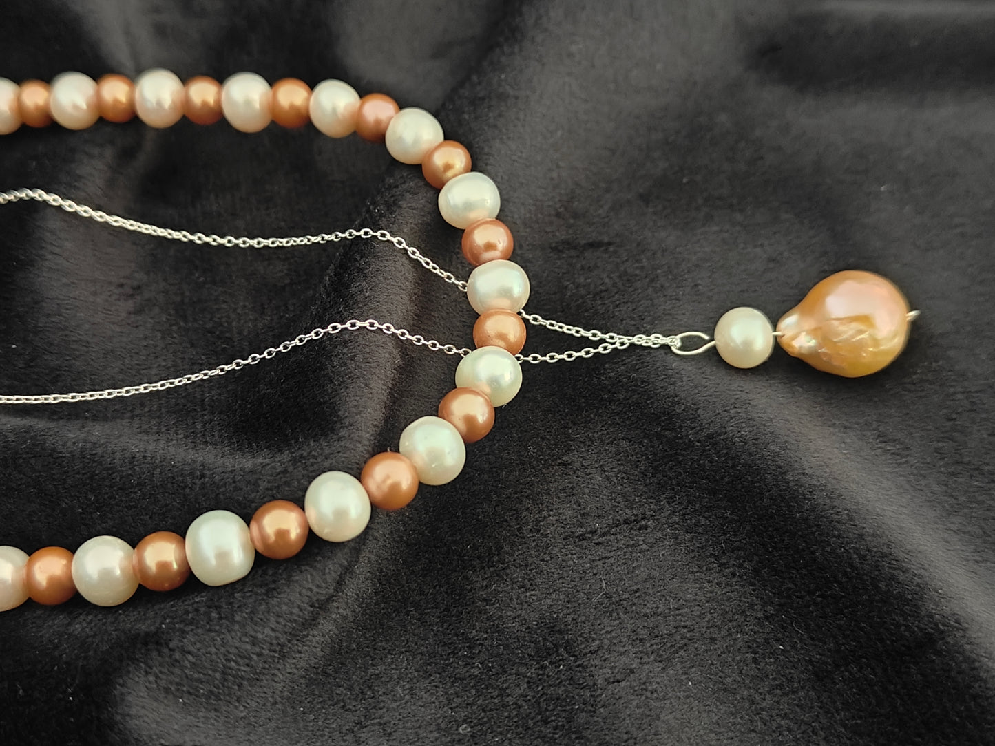 PFW0027-  Golden Era- Boho themed double strand Pearl  Necklace with sterling silver chain