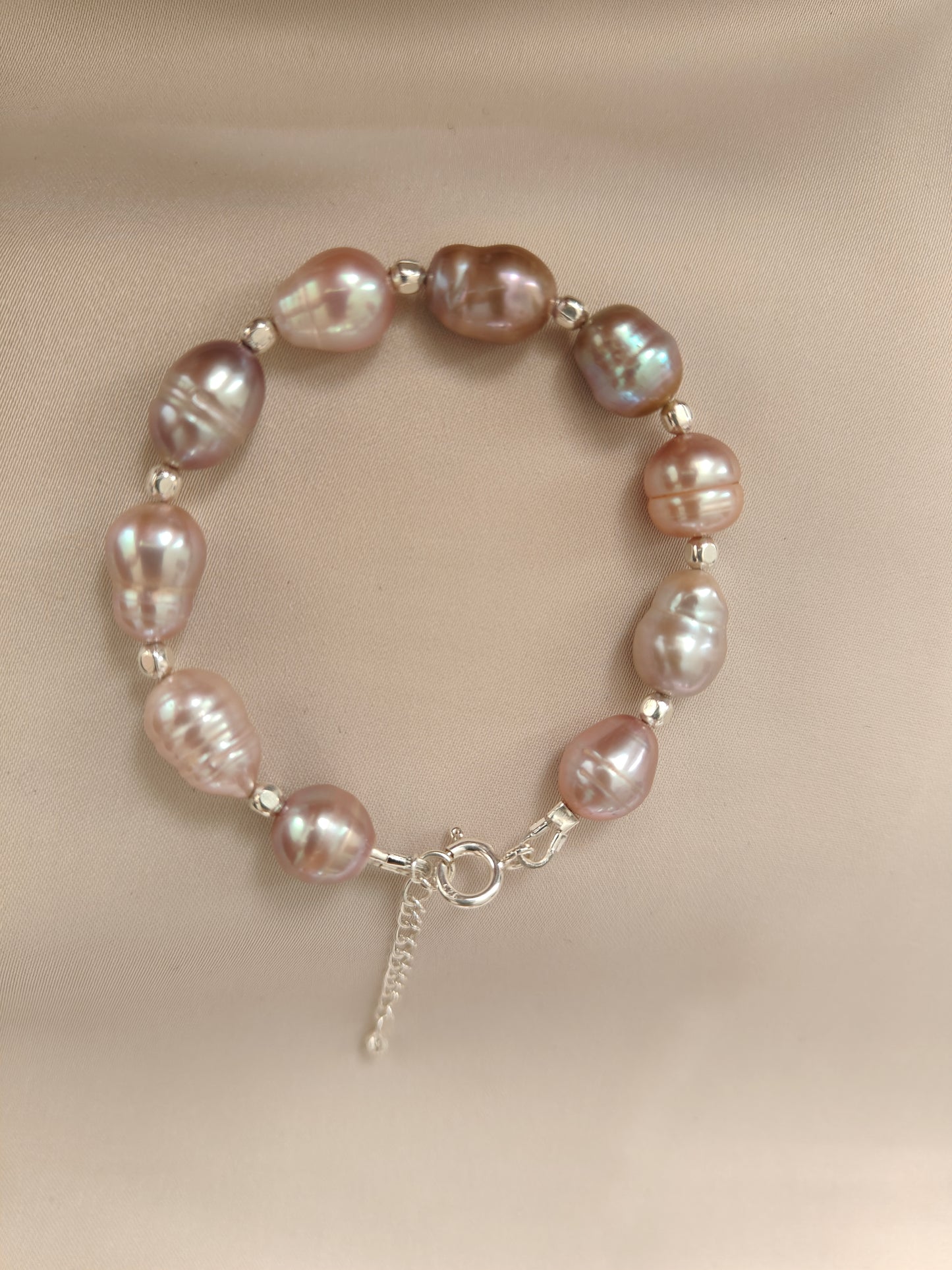 BRPFW003- Unique & Rare Natural lavender & peach toned pearl & sterling silver beads bracelet