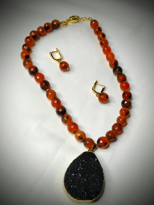 AGT010 Sunkissed orange and black agate necklace with black druzy pendant
