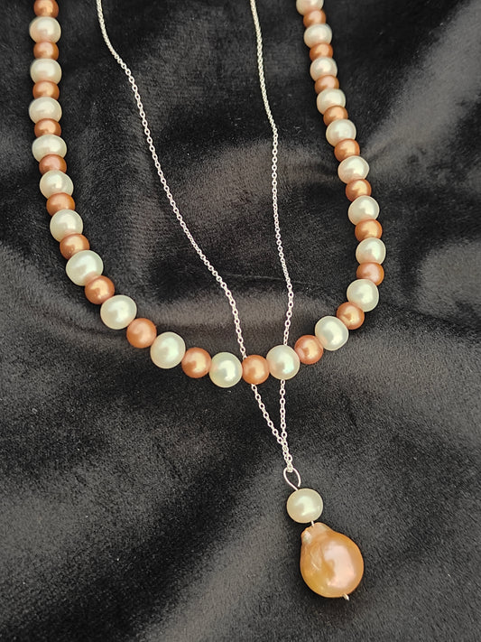 PFW0027-  Golden Era- Boho themed double strand Pearl  Necklace with sterling silver chain