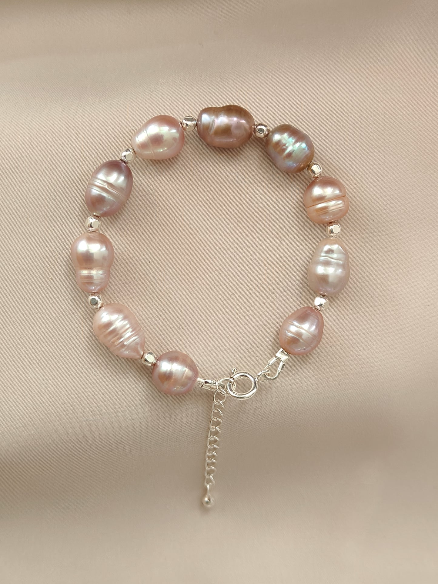 BRPFW003- Unique & Rare Natural lavender & peach toned pearl & sterling silver beads bracelet