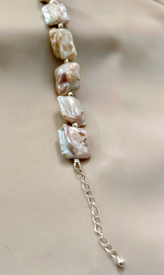 BRPFW004- unique square shaped baroque pearl with soft pink, peach  overtone bracelet in sterling silver