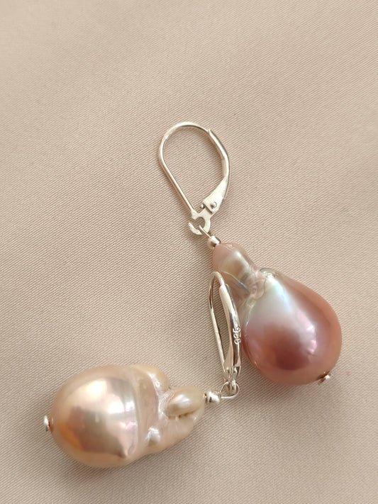ERPFW014 Unique Pink and prach toned baroque pearl Earrings in sterling silver