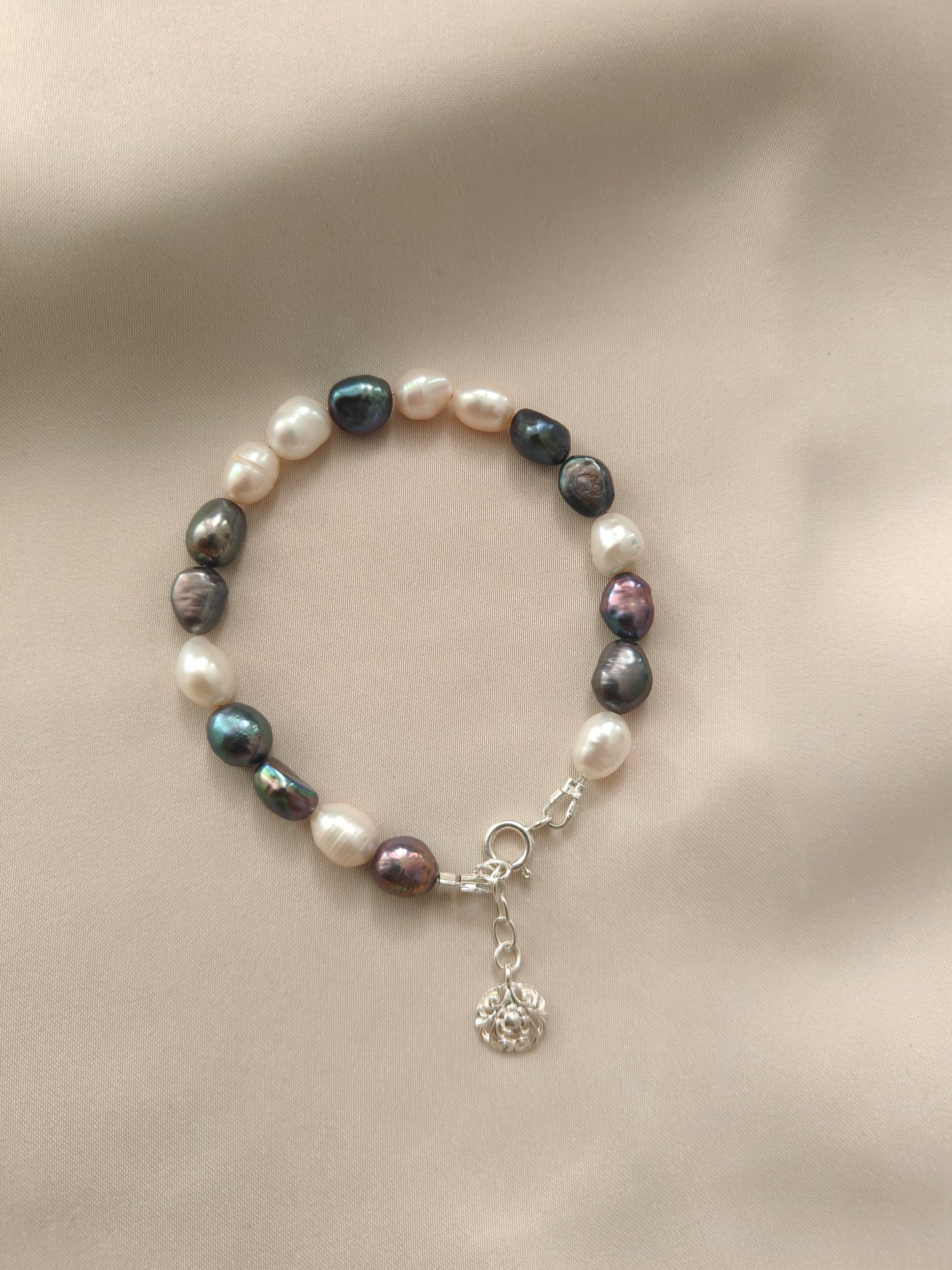 BRPFW001 White and peacock  pearl bracelet with filigree charm in sterling silver