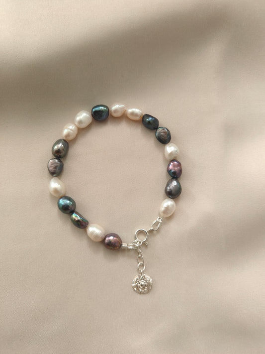 BRPFW001 White and peacock  pearl bracelet with filigree charm in sterling silver