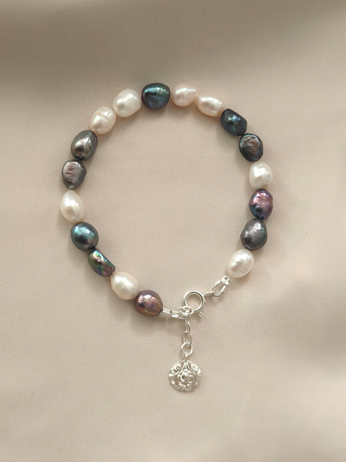 BRPFW001 White and peacock  pearl bracelet with filigree charm in sterling silver