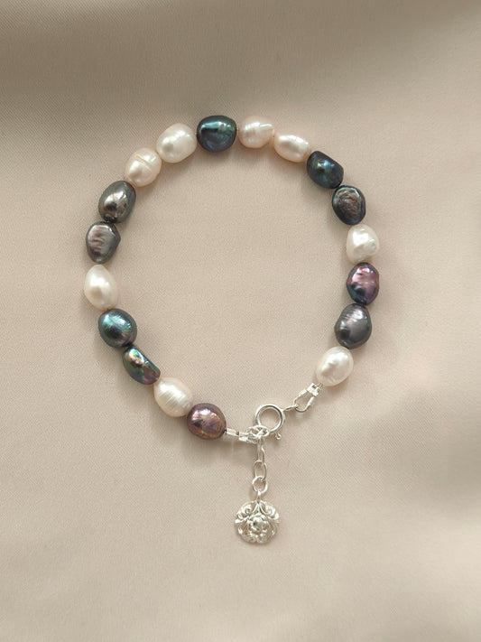 BRPFW001 White and peacock  pearl bracelet with filigree charm in sterling silver