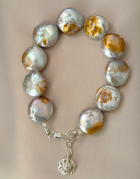 BRPFW006 Golden Moonlight bracelet - Unique Coin shaped baroque pearl with silver, white and Golden luster bracelet in sterling silver