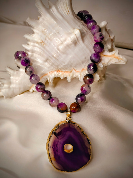 AGT006 Royal purple black agate necklace with agate drusy slice pendant