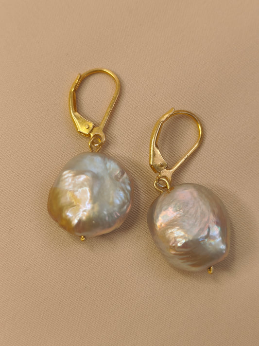 ERPFW015 Rare and Unique grey- Golden toned coin pearl Earrings with sterling silver golden hoop