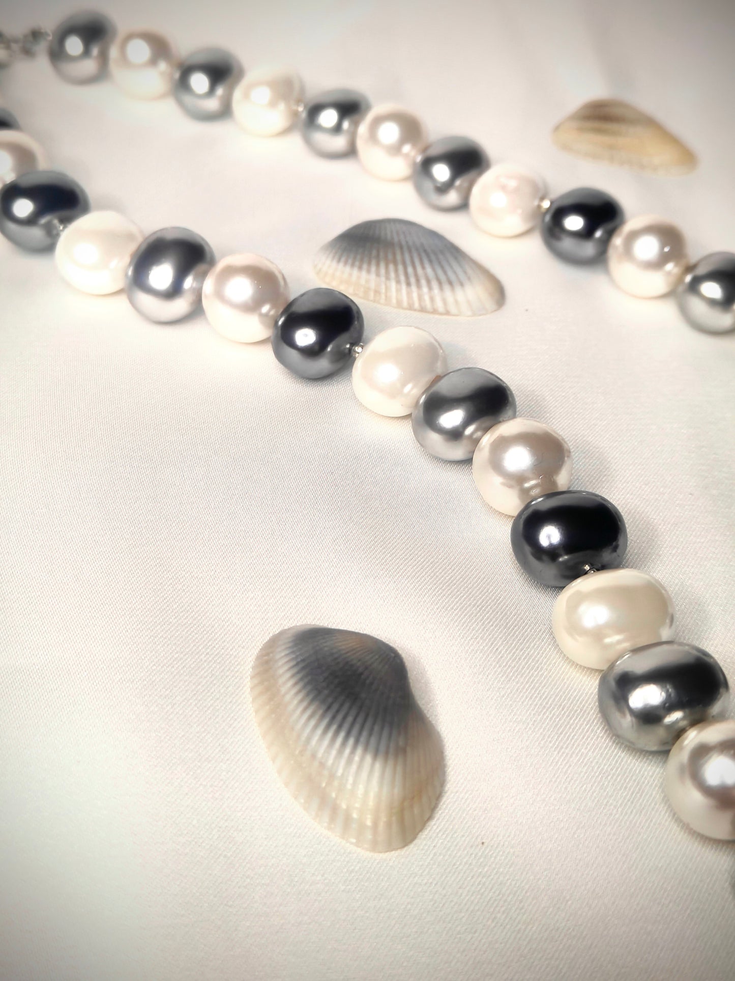PSP001- Moonlight Mirage- white and grey shell pearl necklace