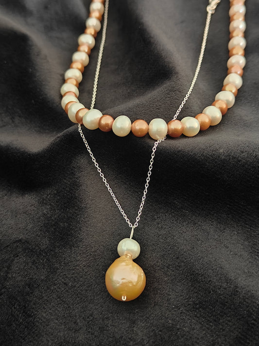 PFW0027-  Golden Era- Boho themed double strand Pearl  Necklace with sterling silver chain