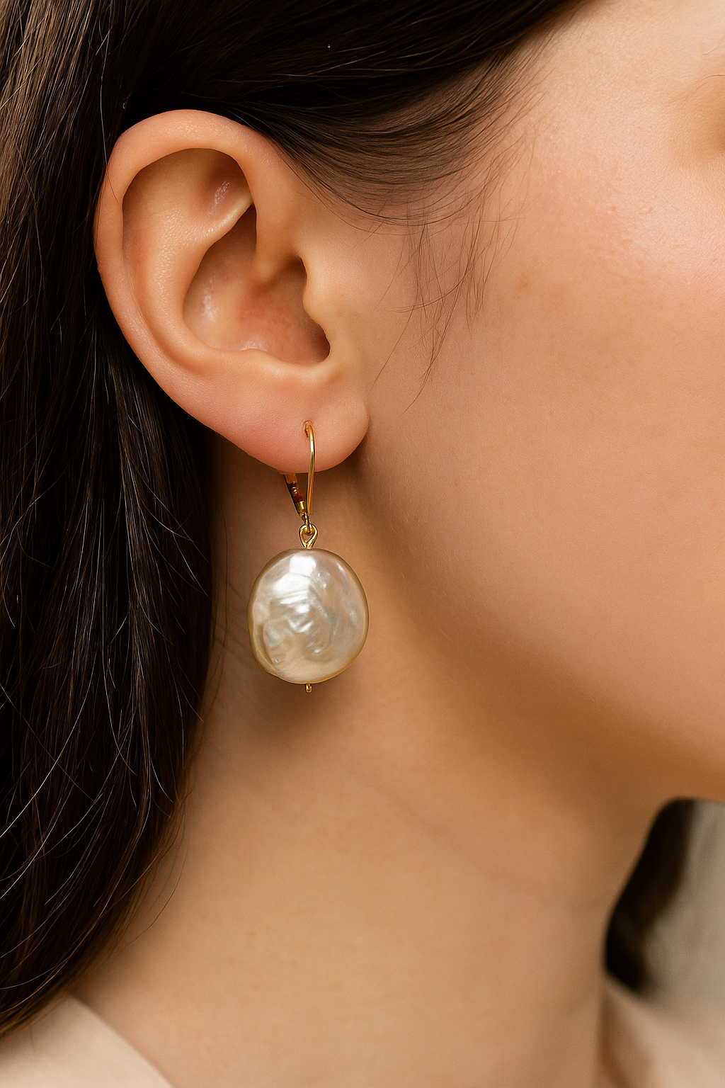 ERPFW015 Rare and Unique grey- Golden toned coin pearl Earrings with sterling silver golden hoop