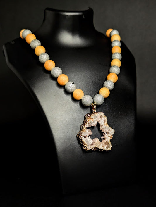 AGT007 Silver & golden natural druzy pendant necklaces