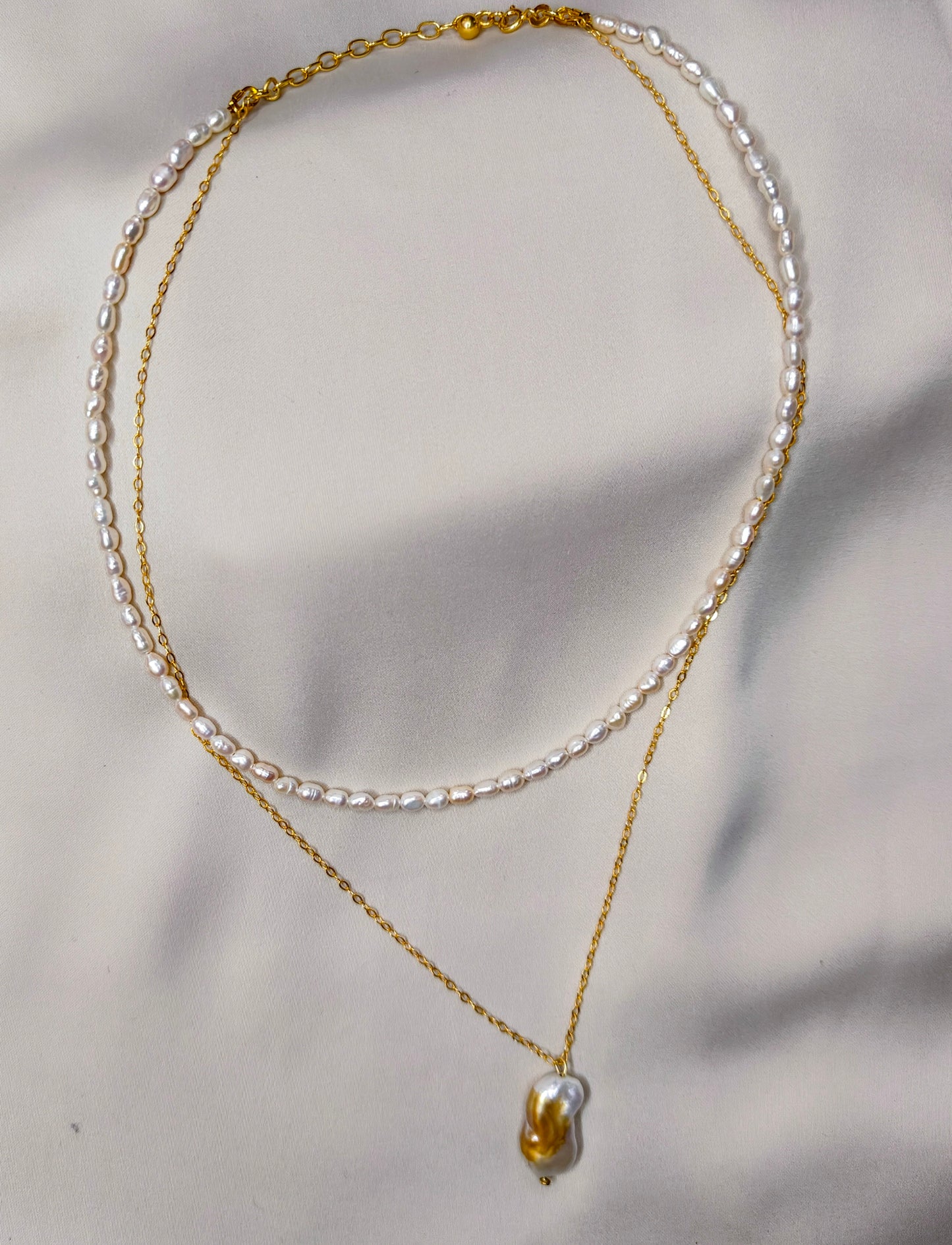 PFW021- Golden Dew- Dual Layer Necklace with pearl and  golden chain baroque pearl pendant in sterling silver