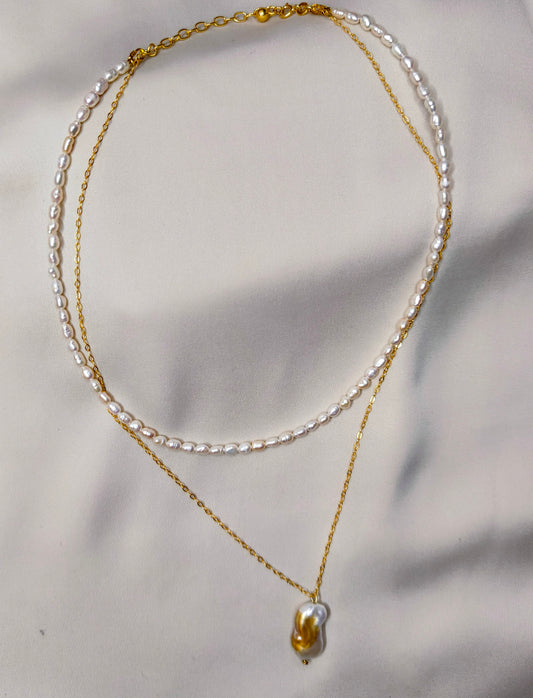 PFW021- Golden Dew- Dual Layer Necklace with pearl and  golden chain baroque pearl pendant in sterling silver