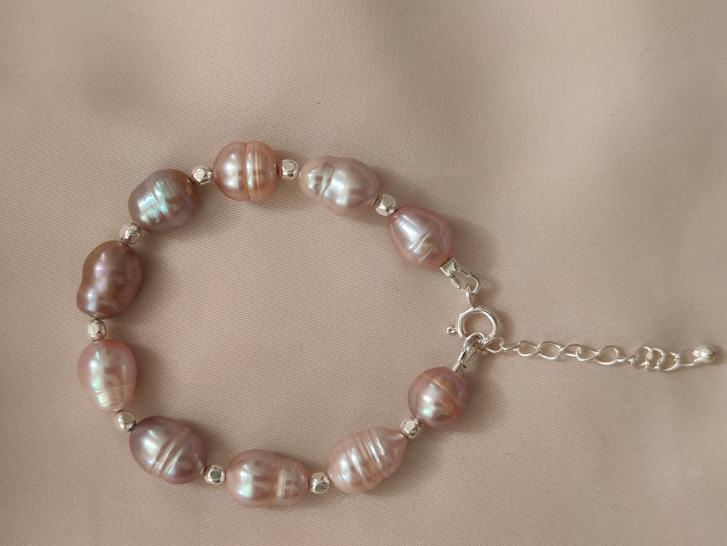 BRPFW003- Unique & Rare Natural lavender & peach toned pearl & sterling silver beads bracelet